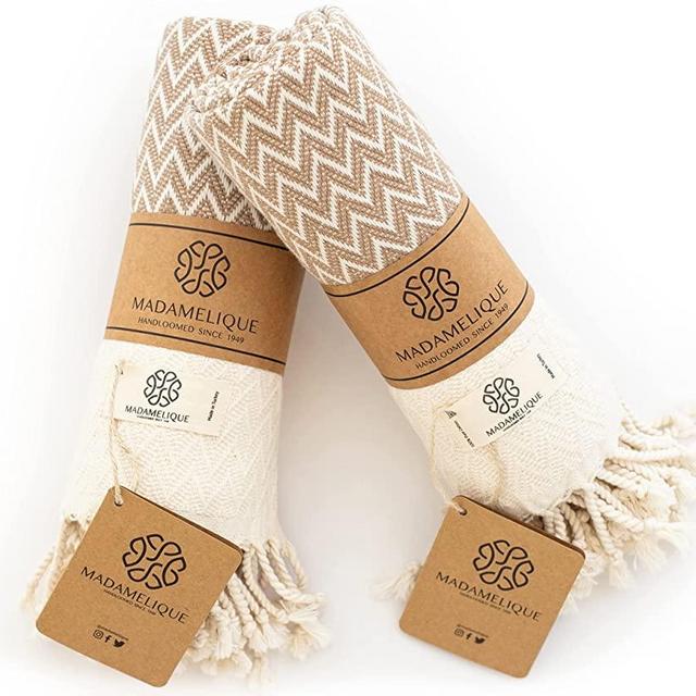Madamelique Exclusive Hand Towels Set of 2 - 18 x 40 Inches - Decorative Bathroom Peshtemal Towel for Hand, Face, Hair, Yoga, Tea, Dishcloth, Kitchen and Bath - 100% Pure Cotton (Biscuit)