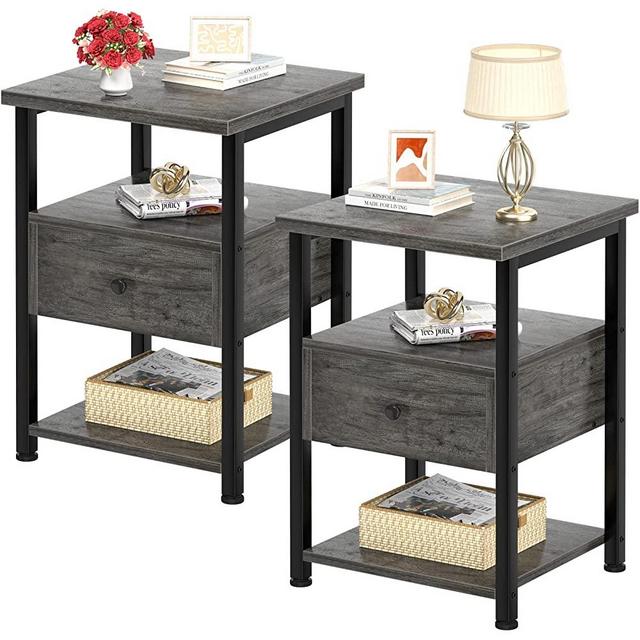 Ecoprsio Nightstand Set of 2, End Table Bedside Table with Drawer Modern Side Table with Storage Shelf, Wood Night Stands for Bedroom, Living Room, Sofa Couch, Gray