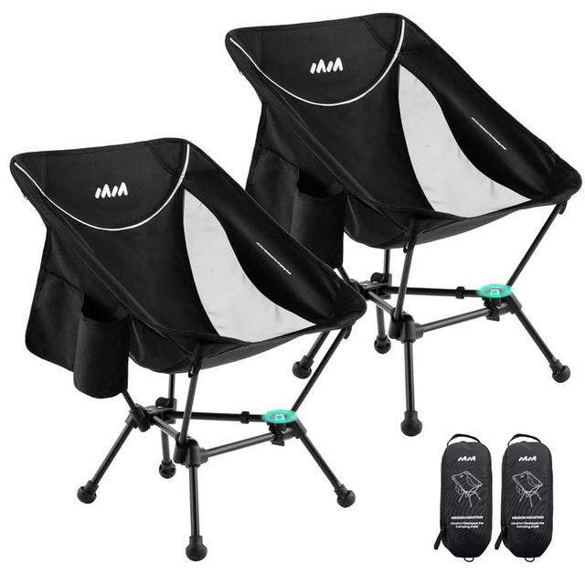 Mission Mountain UltraPort 1-CinchLock Lightweight Camping Chairs 2 Pack, Compact Camp Chair, Portable Chair for Camping, Hiking, and Backpacking, Anti-Sinking, One-Click Setup - Black