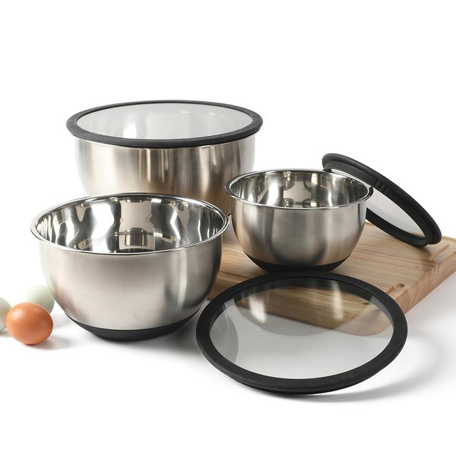 Calphalon Mixing Bowl Set, Stainless Steel Mixing Bowls With Lids, 3-Piece Stainless Steel Mixing Bowls with Glass Lids & Non-Slip Silicone Base, Prep and Storage Bowls Dishwasher Safe
