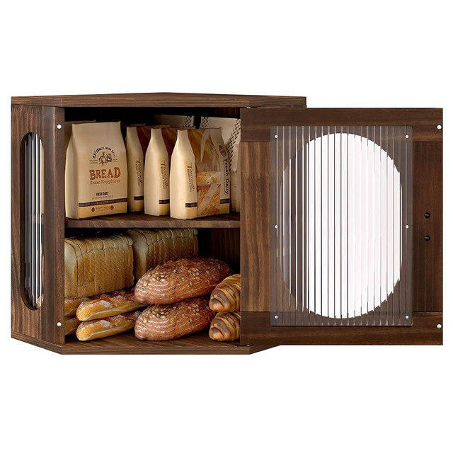 Alpeir Bread Box for Kitchen Countertop Large Corner Bread Storage Container Double Layer Wooden Breadbox Homemade Bread Loaf Bin Farmhouse Coffee Bar Pantry Shelf with Acrylic Window, Retro Brown