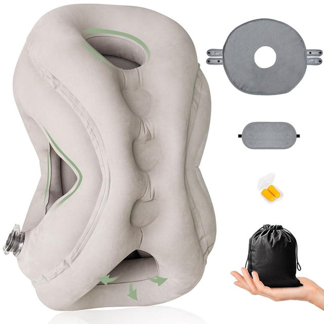Inflatable Travel Pillow,Airplane Pillow Inflatable Travel Pillows for Airplanes Comfortable Support Shoulder and Neck (with Face Mask, Eye Mask,Earplugs, Portable Bag)for Plane Travel Office Home