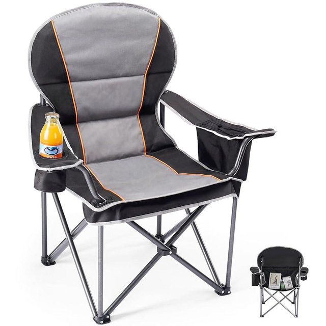 OLIXIS Folding Camping Chair, Portable Collapsible Chair with Cup Holder, Non-Slip Feet, Heavy Duty Lawn Chair for Hiking Beach Sports, Cooler Bag, Thicken 300D Oxford, 500 LBS, Black Grey
