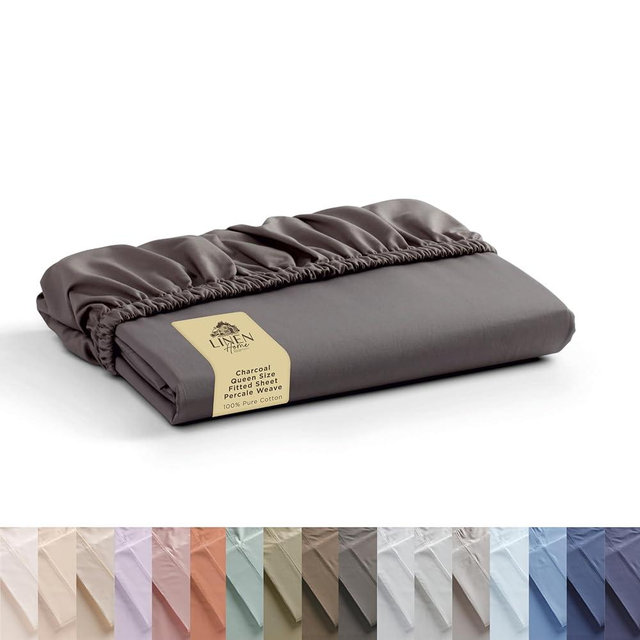 Linen Home 100% Cotton Percale Weave Fitted Sheet, King Size, Charcoal, 1 Deep Pocket Fitted Sheet, Fits Mattress Upto 16" Crisp and Cool Strong Bed Linen, 78"X80"+15"