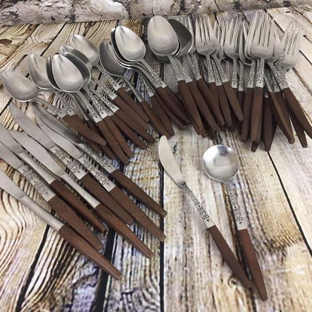 51 Piece Interpur Stainless Steel FlatwareFaux Wood Handles Japan