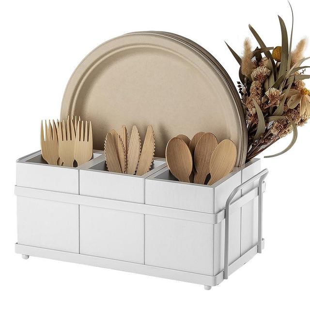 PTSTING Silverware Caddy White Wood Flatware Holder Paper Plate Dispenser Silverware Utensil Caddy Cutlery Flatware Organizer Box for Spoons Forks Plates Napkins