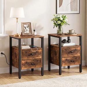 2 Drawer Nightstand with Storage and Built-In Outlets - Rustic Brown/Black, Set of 2