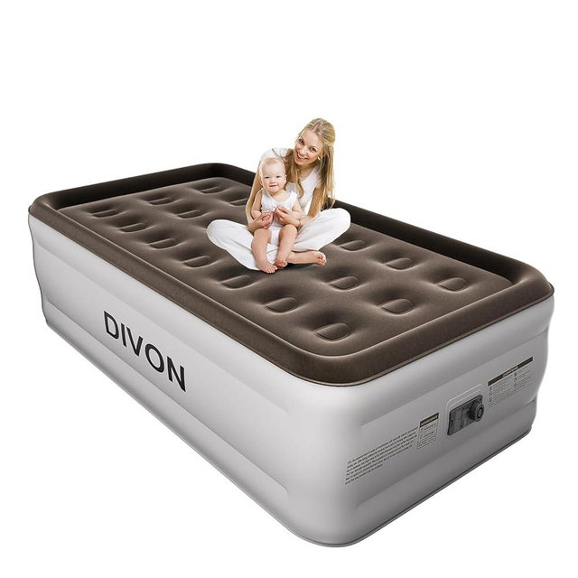 DIVON Twin Air Mattress with Built in Pump Raised, 2 Min Self Inflatable Mattress, 18’’ Blow up Mattress for Adults, 330 LBS Portable Air Bed for Guest, Camping, Travel & Floor, Brown