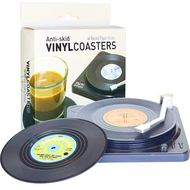 Funny Retro Vinyl Record Coasters for Drinks with Vinyl Record Player Holder for Music Lovers,Set of 6 Conversation Piece Sayings Drink Coaster,Housewarming Hostess Gifts, Wedding Registry Gift Ideas