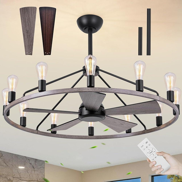 She's home 43" Wood Color Wagon Wheel Chandelier with Fan, 12-Lights Large Round Candle Farmhouse Fandelier Ceiling Fan with Light Fixture for Living Room, Height Adjustable
