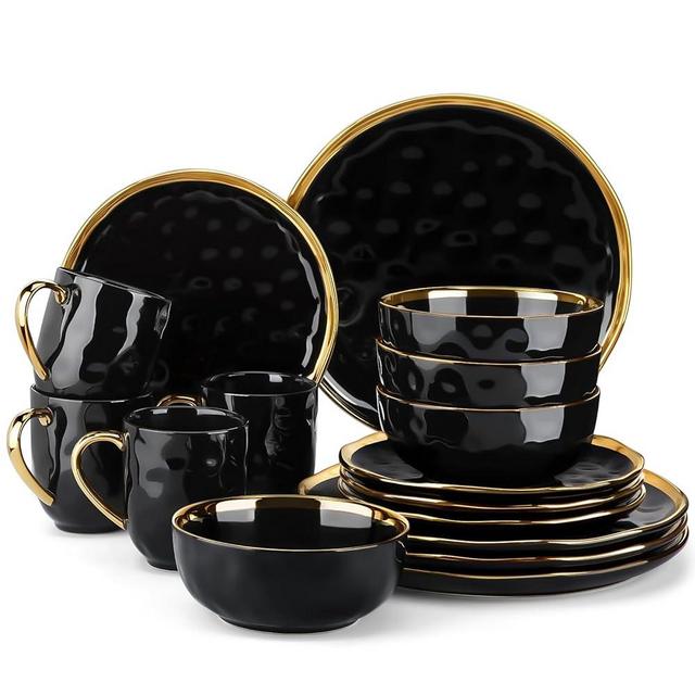LOVECASA Black and Gold Dishes Sets, Stoneware Dinnerware Sets for 4, 16 Piece Plates and Bowls Sets, Handmade Dinnerware with Gold Trim, Dishwasher Safe Dinner Set