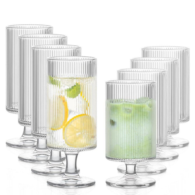 INSETLAN Set of 8 Ribbed Glass Goblets–4 Goblets Glassware 12oz, 4 Short Stem Wine Glasses 10oz, Vertical Stripe Stemmed Glassware, Ideal for Juice, Water, Iced Coffee, Whiskey, Mixed Drinkware