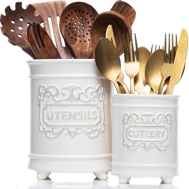 Large 7.5"+5.5" Elegant Ceramic Utensil Holder for Countertop, Cooking Utensils Organizer for Spatula, Large Utensils Crock for Kitchen Counter, Kitchen Decor, set of 2, White