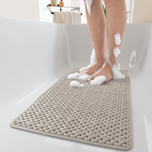 PADOOR Bathtub-Mat Non Slip with Suction Cups and Drain Holes, Machine Washable Shower Mat Anti Slip Bath Mat for Tub for Kids (14"x27" Khaki)
