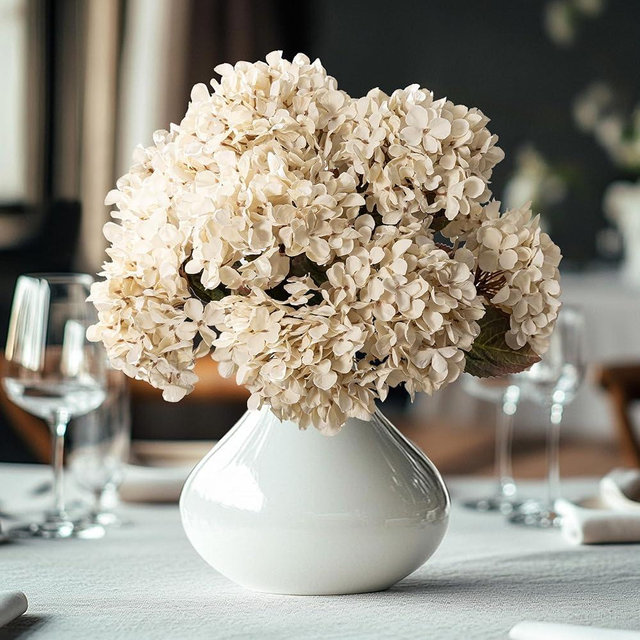 Uqueeten Artificial Flower Fake Silk Hydrangea Heads Bouquet with Stems Bulk for Fall Decoration Table Center Christmas Indoor Outdoor Faux Floral Realistic with Leaves Plants Crafts 8PCS(White)