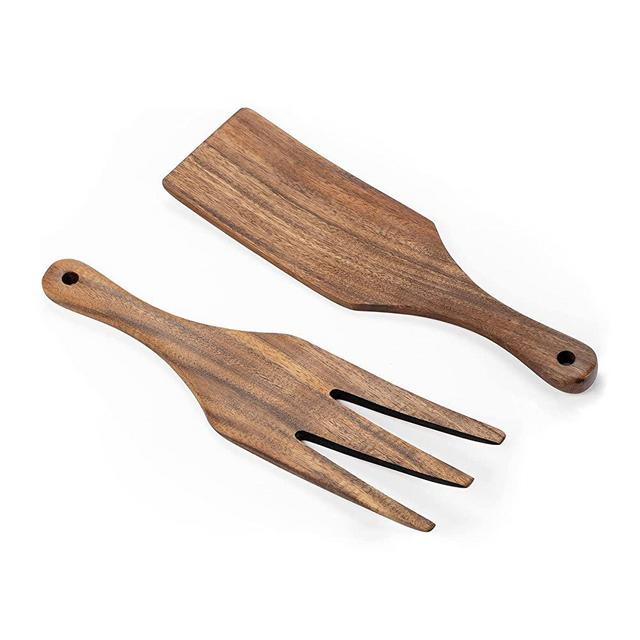 Muso Wood Acacia Wooden Salad Server, Salad Tongs, Salad Hand and Spurtle, Salad Mixing Fork and Spatula, Salad Serving Utensils Set 10 inches (2 Pieces)