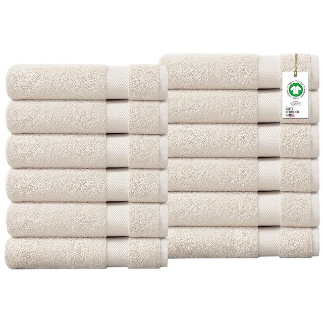 Delara 100% Organic Cotton Towels 650 GSM Plush Feather Touch Quick Dry Hand Towel, Pack of 12 GOTS Certified, Oeko-Tex Green Certified, Organic Cotton Hand Towel, 20"X30"