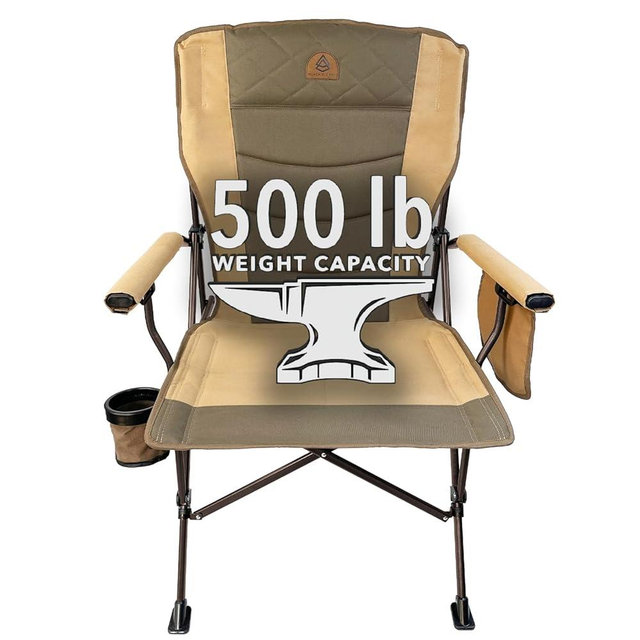 Black Sierra Oversize High Back Camping Chair for Adults, Supports 500 lbs, XL Heavy Duty Portable Folding Chair for Heavy People, Steel Frame Padded Outdoor Seat with Cup Holder and Carry Bag