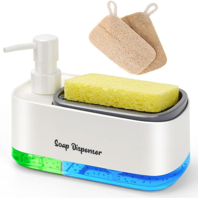 SPERO SPERA 5-in-1 Kitchen Soap Dispenser Set with Sponge Holder - Dual Hand & Dish Soap Pump Dispenser for Sink Countertop with 2-Packs Natural Loofah Dish Sponge Dishwashing Scrubber,White