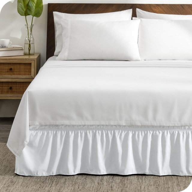 Queen White Adjustable Wrap Around Ruffled Bed Skirt by Bare Home