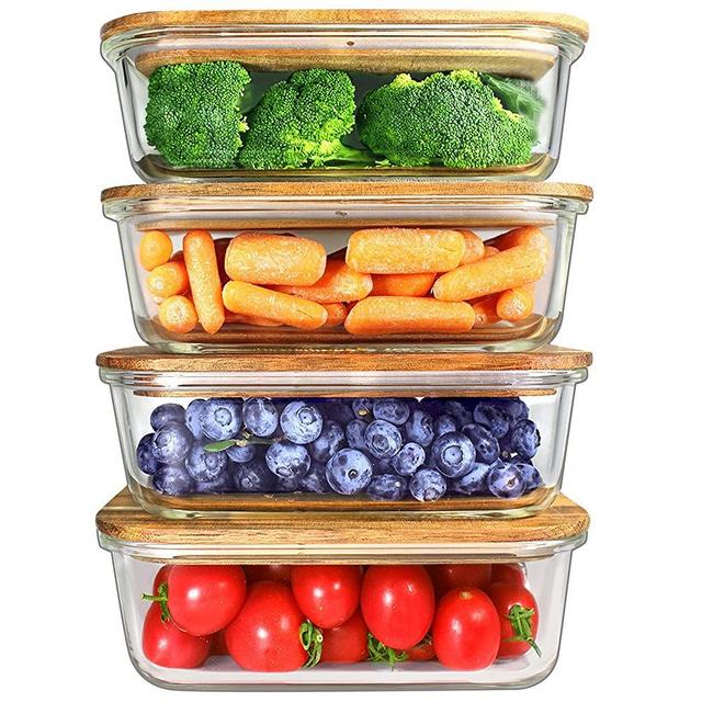 Glass Containers with Wood Lids, Glass Storage Container Set of 4, Wood Glass Storage Containers with Lids, Wood Lid Glass Food Containers, Oven, Freezer, Microwave Safe, Pack of 4, 35oz