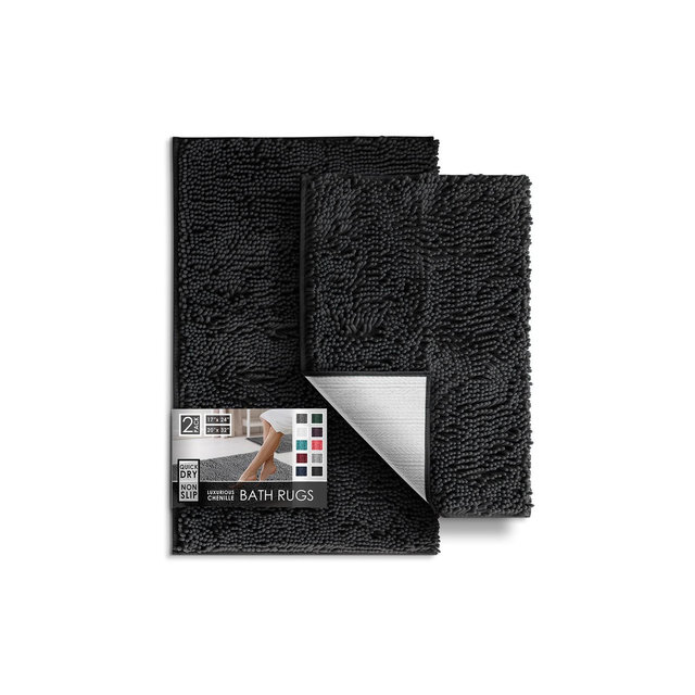 Hearth & Harbor Bathroom Rugs, 2 Piece Chenille Bath Mat Set - Black Bath Rug, 17x24-20x32