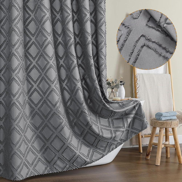 OWENIE Grey Shower Curtain Set, Jacquard Geometric Textured Fabric Boho Shower Curtains for Bathroom, Soft Hotel Style Farmhouse Shower Curtain Grommet Top 12 Hooks, Machine Washable, 72x72, Grey