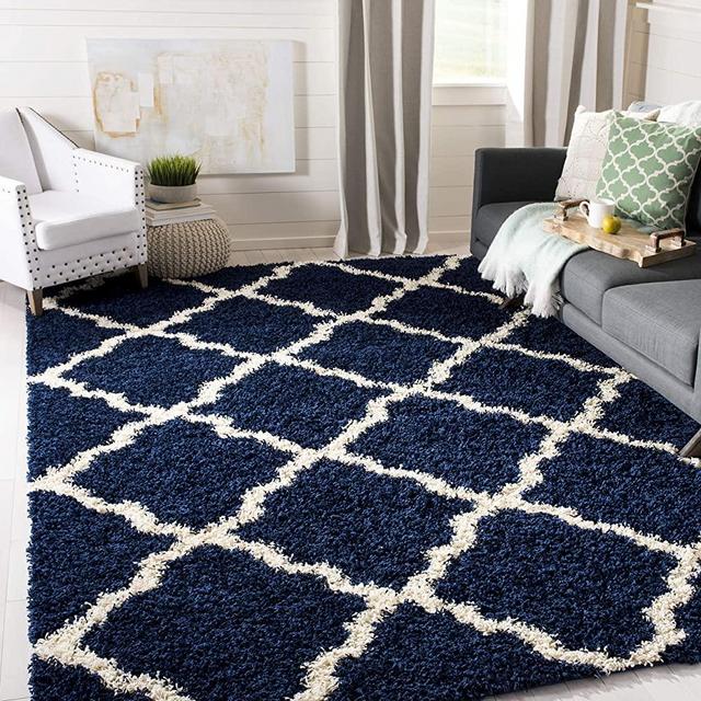 SAFAVIEH Dallas Shag Collection SGD257N Trellis Non-Shedding Living Room Bedroom Dining Room Entryway Plush 1.5-inch Thick Area Rug, 8' x 10', Navy / Ivory