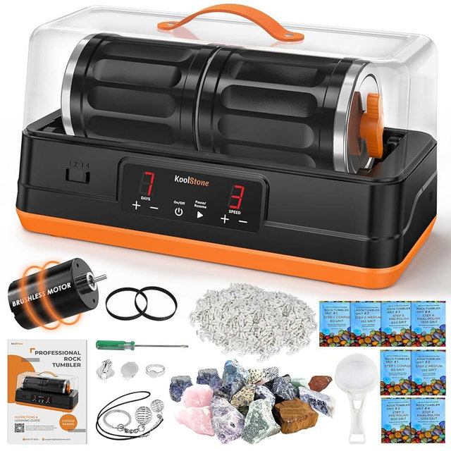 C1 Pro Ultra Brushless Rock Tumbler Kit - Double Barrel for Extra Large 7LB Capacity, Up to 6X More Noise Cancelling, Quiet Rotary Polisher with Full Accessories, Perfect STEM Gift for All Age