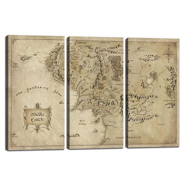 Map of Middle Earth Wall Art Canvas Painting for Living Room 3 Panel Lord of the Rings Map Picture Print Retro Poster Framed Artwork Home Decor a House Warming Present Ready to Hang (28''H x 42''W)