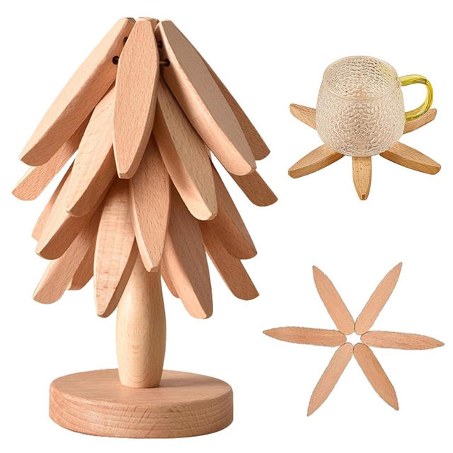 Wooden Trivets for Hot Dishes,Tree Shape Trivet Set,4 Wooden Trivets+1 Stand,Trivets for Hot Dishes,Natural Foldable Kitchen Wooden Trivet,for Hot Dishes、Pot、Bowl、Teapot、Hot Pot Holders(Beech)