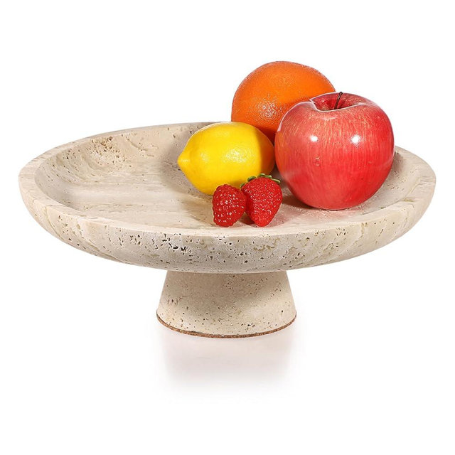 OwnMy Natural Travertine Fruit Bowl for Kitchen Counter, 10 Inch Large Stone Fruit Bowl Decorative Fruit Bowl for Kitchen Countertop, Vintage Travertine Fruit Holder for Dining Table Home Decors