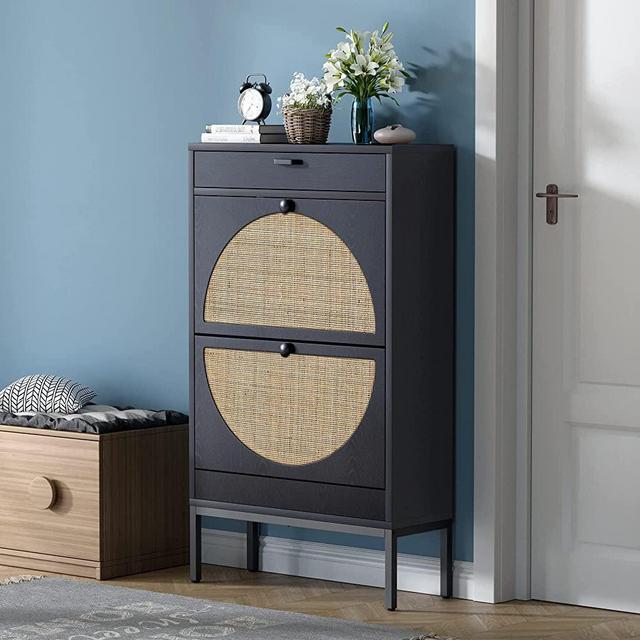 Brafab Shoe Cabinet, Shoe Rack Storage Organizer with 2 Flip Drawers, Natural Rattan Weave Shoe Storage Cabinet for Sneakers, Slippers (Black)…