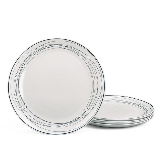 LaGlint 10.5 inch Dinner Plate Set of 6, Lightweight Round Opal Glass Dinnerware Plates, Dishwasher and Microwave Safe, Blue Modern Geometric Design