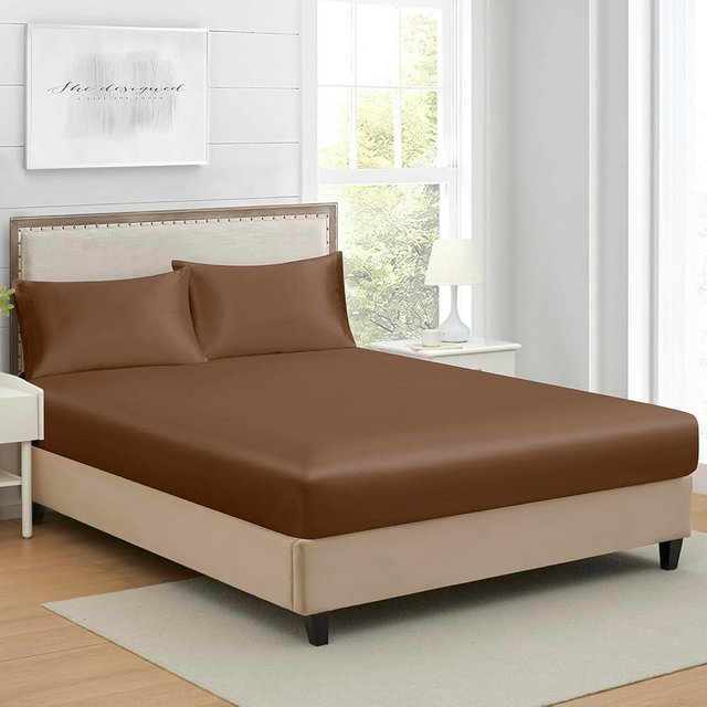 King Silk Satin Fitted Sheet, Soft Deep Pocket Single Bottom Bed Sheets Sold Separately, Wrinkle Free, Non- Fading, Breathable, Fully Elasticized(King Size, Brown)