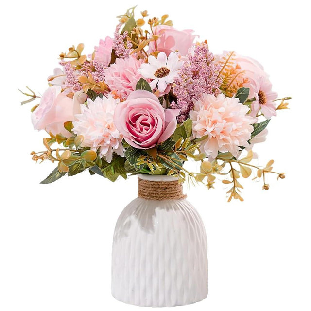 Fake Flowers in Vase, Artificial Pink Flowers in Vase for Decoration Faux FLowers in Vase Realistic Pink Fake FLowers with Vase for Home Decor Indoor Dining Table Centerpiece (Flowers and Vase)