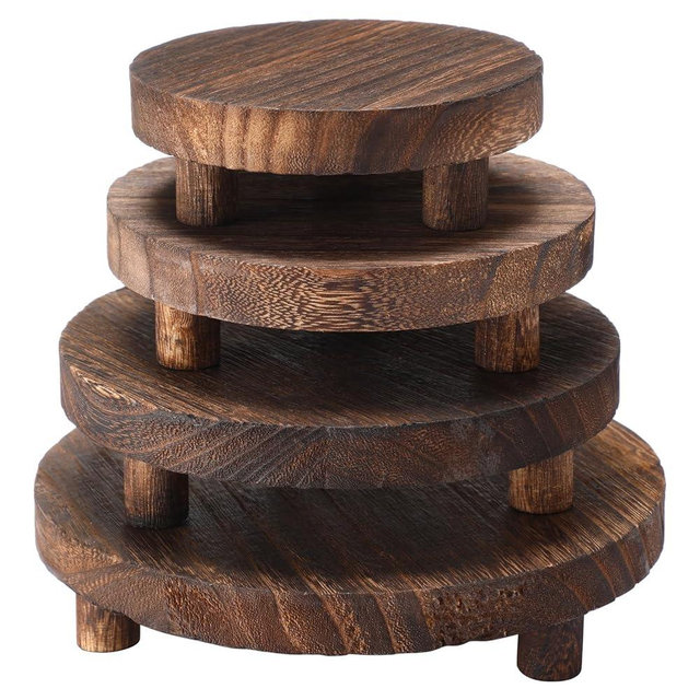 Geetery 4 Pcs Wooden Risers for Display Wood Pedestal Stand for Display Mini Riser Stand Round Wooden Riser Holder Rustic Riser for Decor Tiered Tray Decor Riser for Home Kitchen, 4 Size (Brown)
