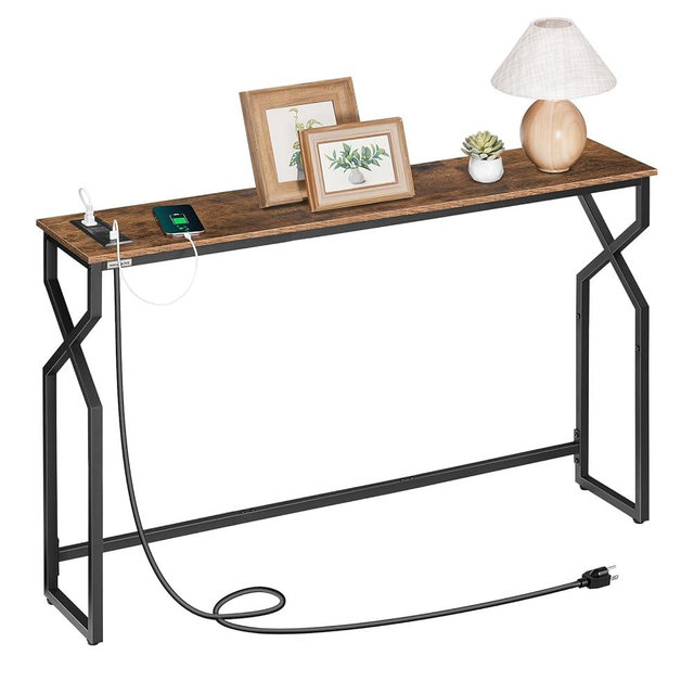 MAHANCRIS Sofa Console Table, 44.9" Entryway Table with Charging Station, Narrow Couch Table, Hallway Table, Sofa Table with USB Ports, Metal Frame, for Entrance, Living Room, Rustic Brown CTHR113E01