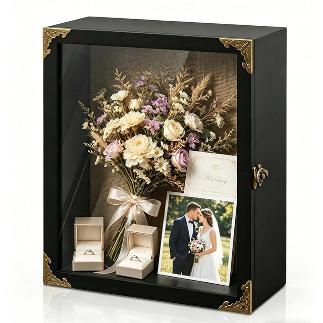 Deep Shadow Box Frame 11x14 - 4.7" Extra Deep Display Case for Bridal Bouquets, Medals & 3D Collectibles - Solid Wood Keepsake Box with Vintage Lock, Linen Cork Backing, Black