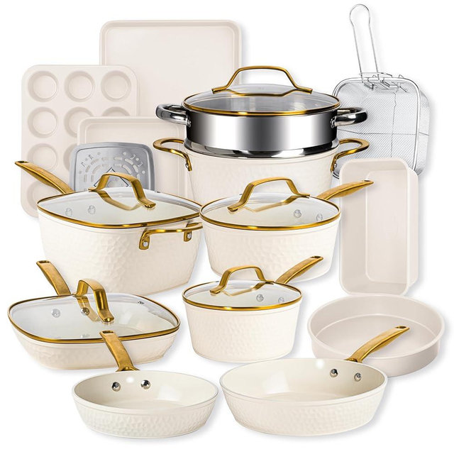 Gotham Steel Hammered Collection – 20 Piece Pots and Pans Set Nonstick Ceramic Cookware Set + Bakeware Set for Kitchen, Induction Cookware/Dishwasher/Oven Safe, Healthy and Non Toxic