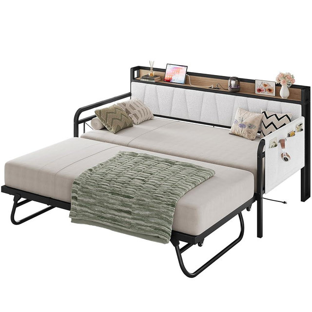 LIKIMIO Daybed with Trundle Bed, Twin Bed Frame with Storage Headboard and Charging Station, Sofa Day Bed with Strong Supports for Living Room, Bedroom, and Guest Room, Cream