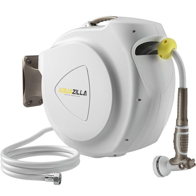 Retractable Garden Hose Reel, 1/2 in 120+6 ft, Heavy Duty Wall Mounted Water Hose Reel, Spring Power Automatic Rewind, Any Length Lock, 180° Swivel Bracket, 10 Pattern Spray Nozzle