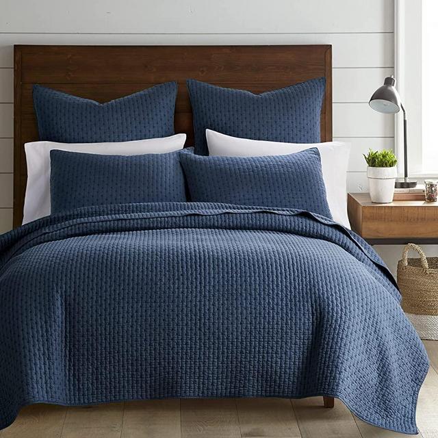 Levtex Home - Cross Stitch Quilt Set - 100% Cotton - King/Cal King Quilt (106x92in.) + 2 King Shams (36x20in.) - Navy Quilt with Matching Stitching