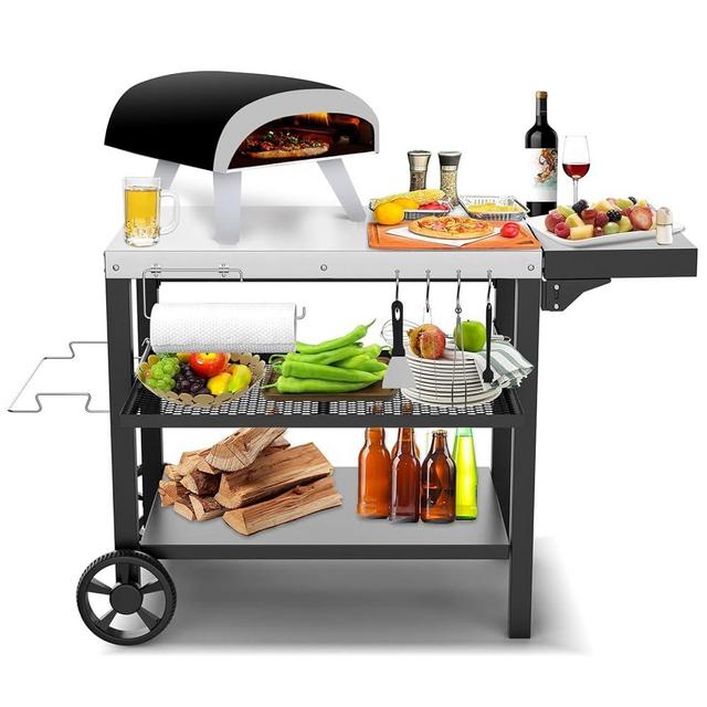 BBQMall Three-Shelf Movable Outdoor Grill Table for Ninja Woodfire, Ooni Pizza Oven,Blackstone Griddle, 2024 Upgrade Thicken Cart with Drawer & Side Table on Wheels,Cuisinart Grill/Pizza Cart Stand