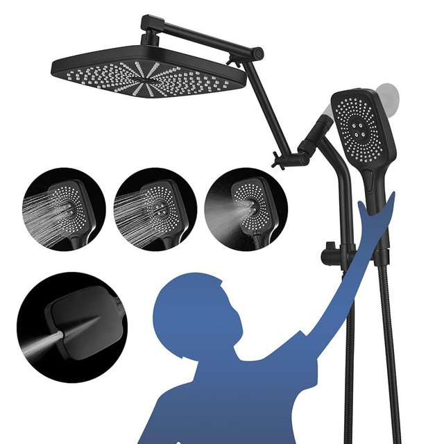Psylc 12" High Pressure Rain/Rainfall Shower Heads With Handheld Spray Combo (3+1 Settings & Built-in Power Wash Mode), Double/Dual Shower Head With Handheld - Height/Angle Adjustable(Matte Black)