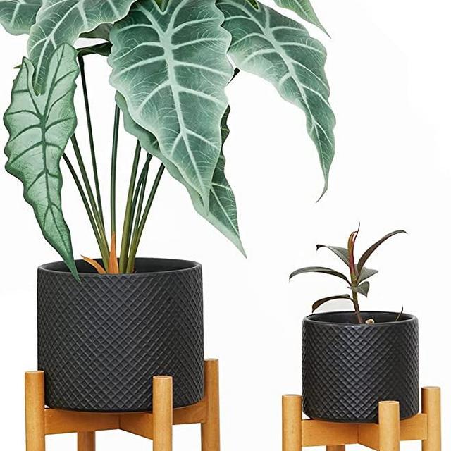 HFHOME Set 2 Mid Century Ceramic Planters Pots with Wood Plant Stands, 7 & 4.7 inch Dia Modern Large Flower Pots with Drainage and a Plug, for Indoor Home Decor Tabletop Outdoor Garden Cactus- Black