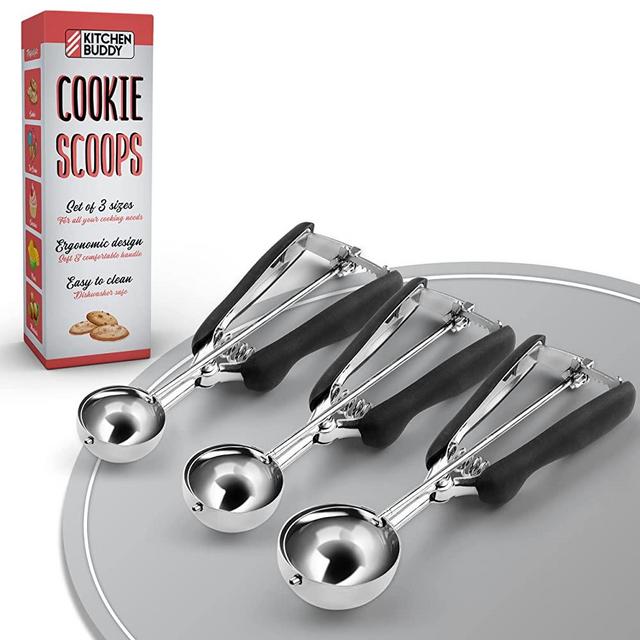 KITCHEN BUDDY Cookie Scoop Set - 1 / 2 / 3 TBSP - Ice Cream Scoop with trigger - Premium Cookie Dough Scoop for Baking - 100% Stainless Steel - Small Scoop, Medium & Large Scoop