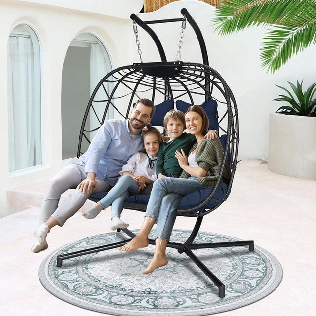 NICESOUL Double Egg Swing Loveseat with Stand Indoor Outdoor, 2 Person Cozy Comfy Patio Hanging Basket Chair with Cushoin, 700Lbs Sturdy Wide & Large Egg Hammock Seating for Outside Inside, Navy Blue