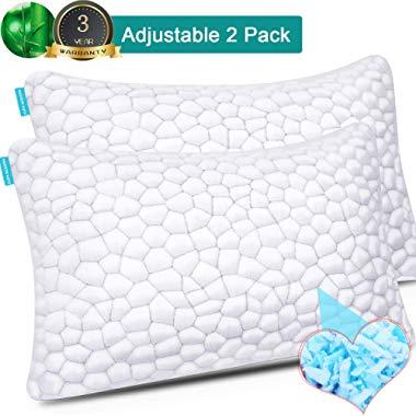 Bamboo Pillow Cooling Bed Pillows for Sleeping 2 Pack Adjustable Bed Pillow Gel Shredded Memory Foam Pillow with Hypoallergenic Bamboo Cover & Adjustable Loft (WHITE, LUXRY UPDATED 3D QUEEN -- 2 PACK)