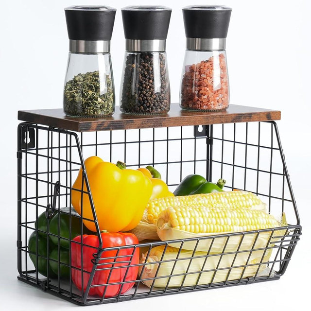 Fruit Bowl Fruit Basket for Kitchen Counter Stackable Wall Mounted Hanging Basket Wire Basket with Wood Lid with Banana Hanger Hooks, Onion Basket, Fruit and Vegetable Storage